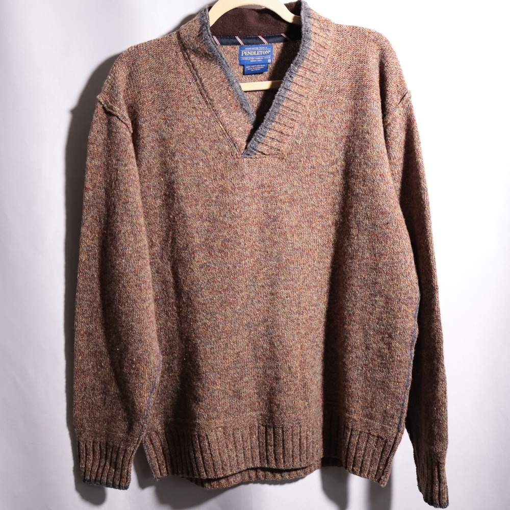 Pendleton Mens Shetland‎ Wool V-Neck Sweater Brown M Heritage Academia Poetcore